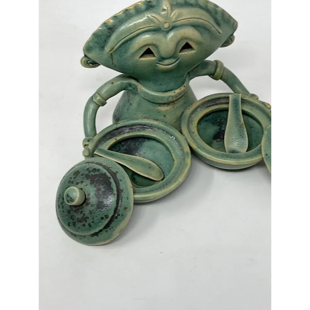 Novica Handmade Janger Dancer Green Ceramic Condiment Incense Holder 5PC